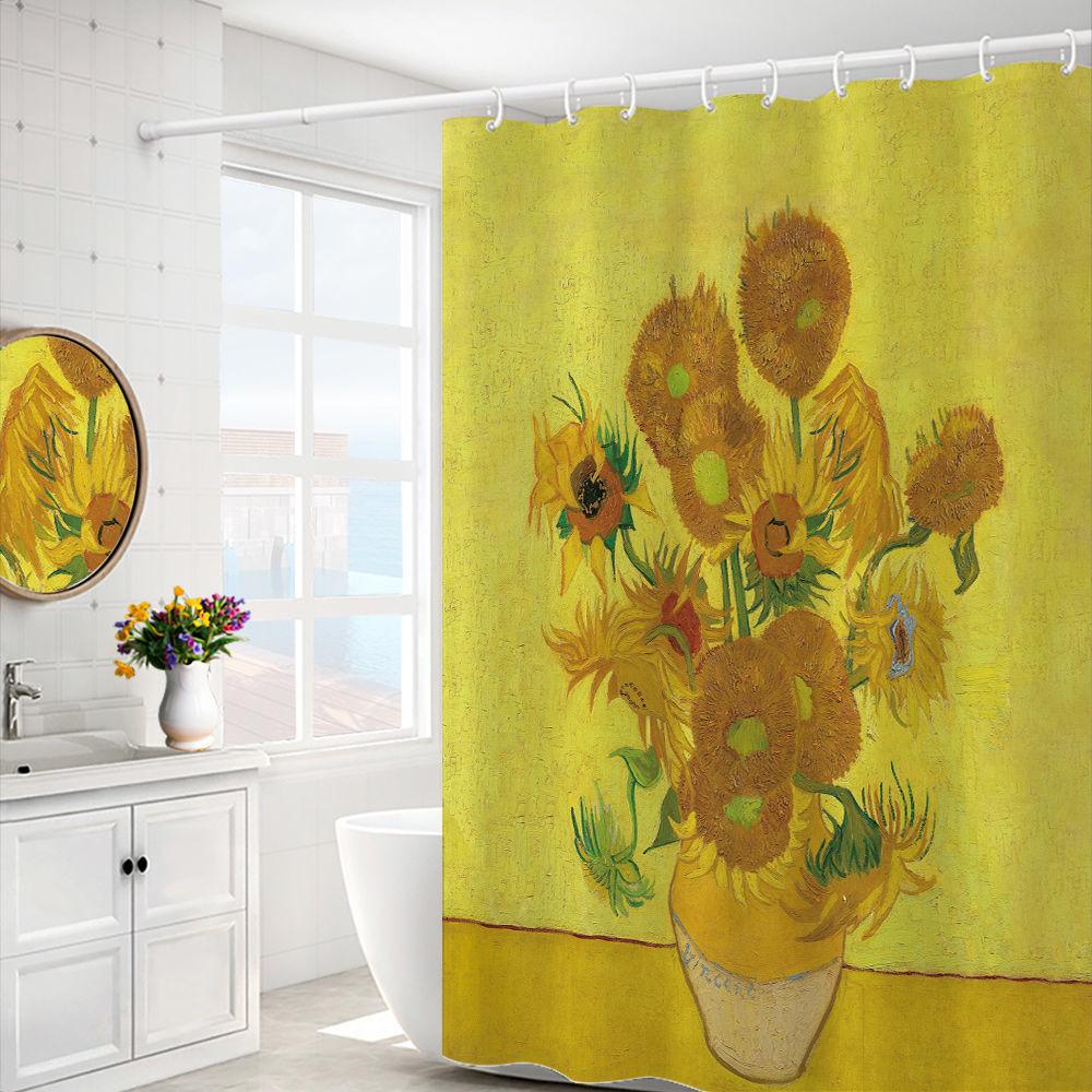 Van Gogh Starry Night Shower Curtain Oil Painting Abstract Art Blue Sky White Cloud Star Moon Scenery Bathroom Decor With Hooks