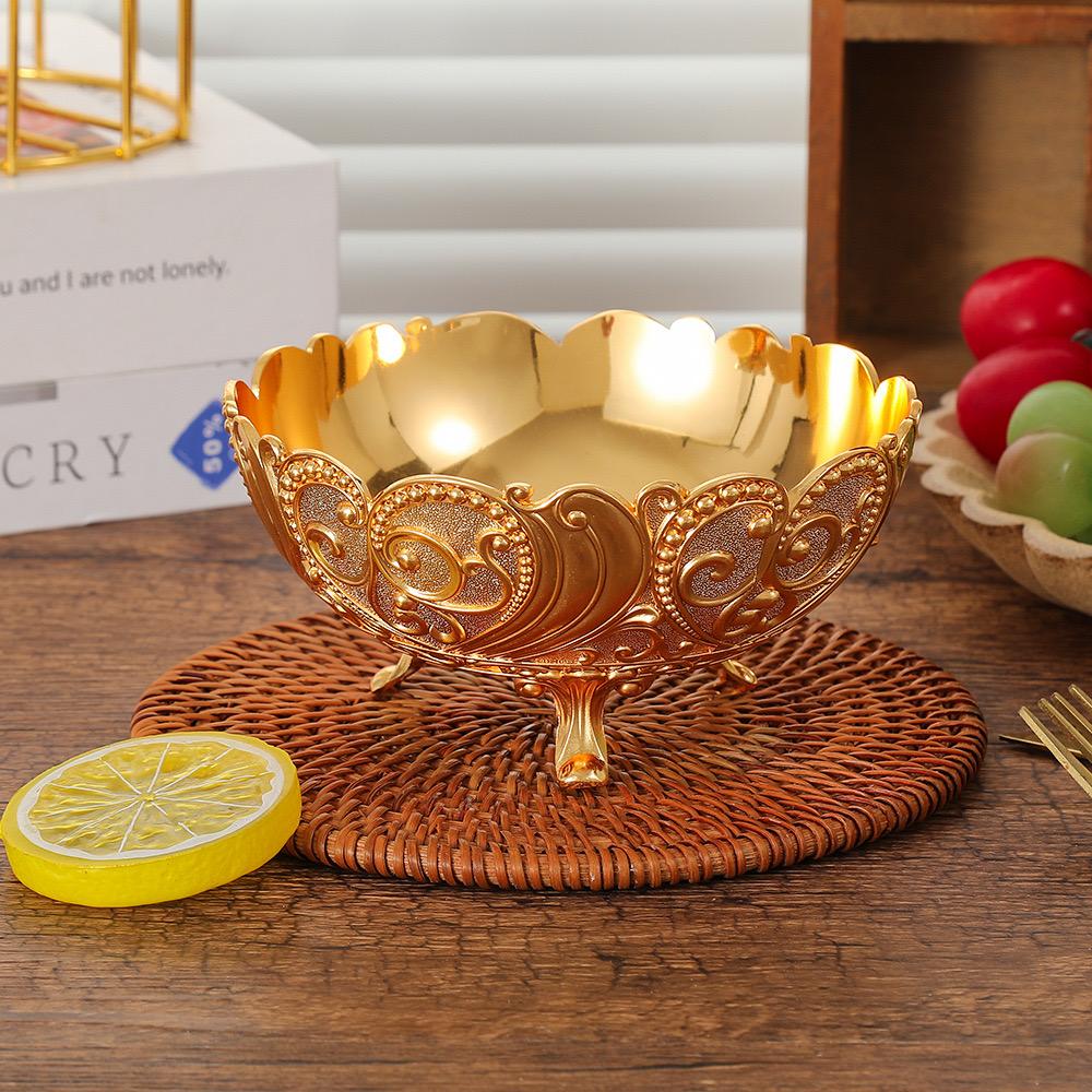 Europäischer Obstteller, Goldene Legierung Exquisite Gravur Blumen Süßigkeitenschale, Futternapf Snack-Teller, Party Schreibtisch Dekoration