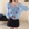 Elegant V-neck Knit Cardigan with Faux Mink Fur and Cherry Design