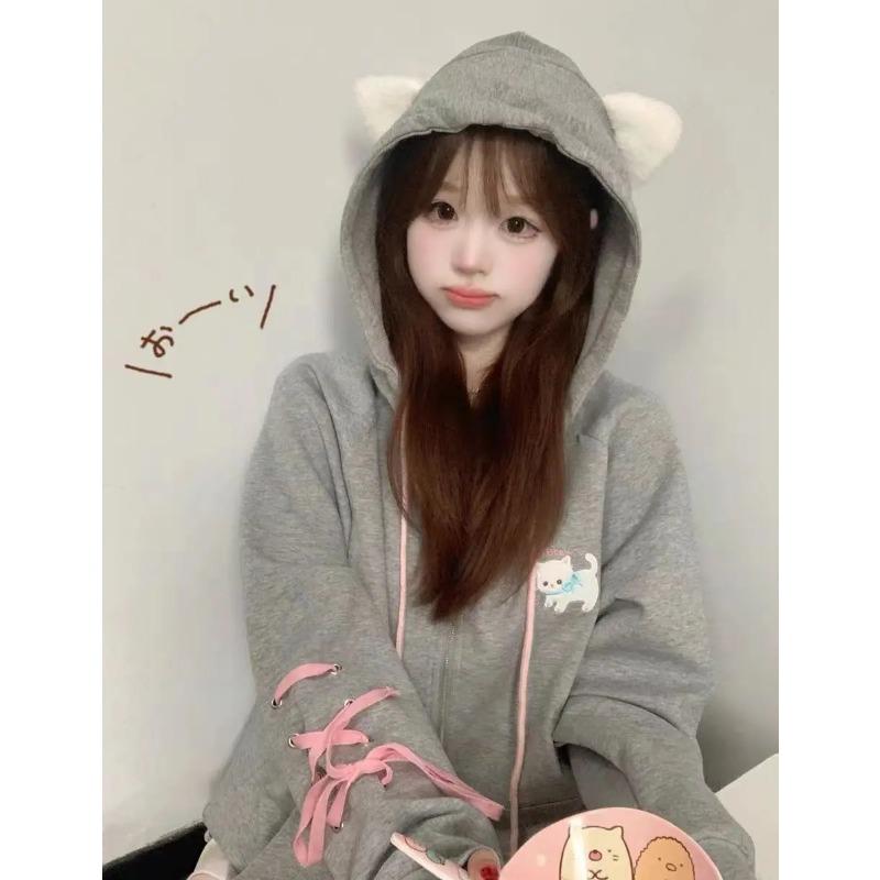 Mikina s kapucí Kawaii Sweet Harajuku Ženy Japonská móda Roztomilá kočka výšivka Pásky na zip Mikina s kapucí Soft Gril 2023
