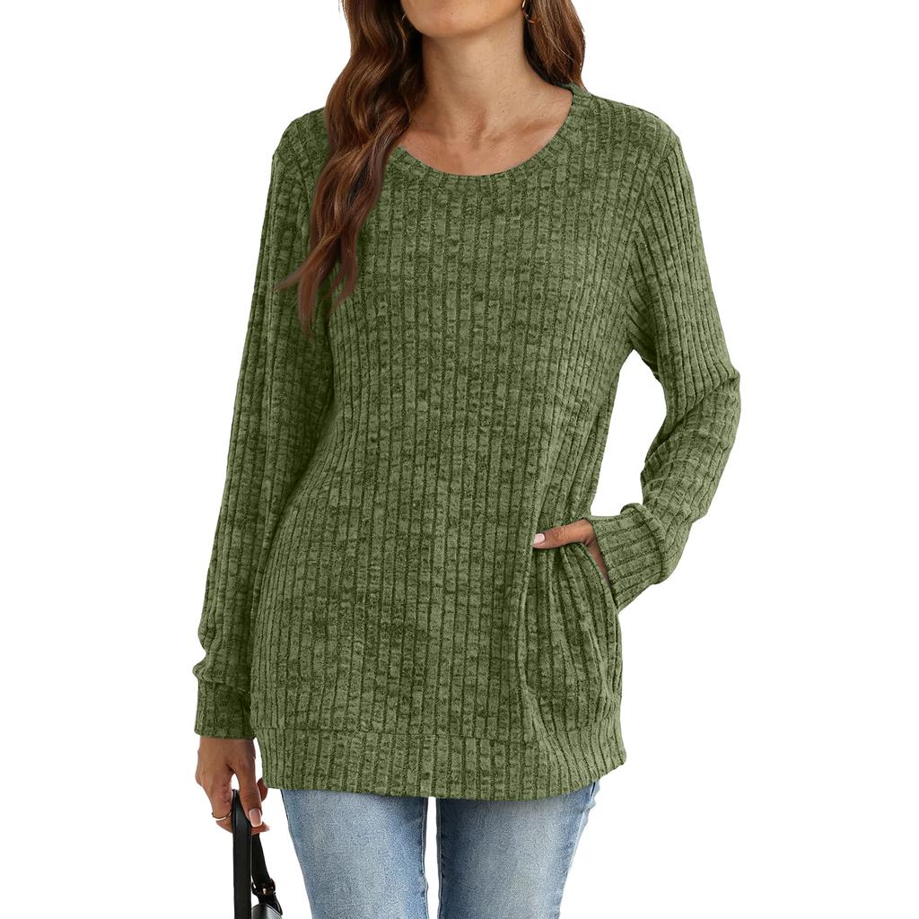 Damenmode Locker geschnittenes Rundhals-T-Shirt Einfarbig mit Tasche Langärmeliges Oberteil