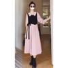 New Spring Autumn French Retro Hepburn Style Lapel Patchwork Long Sleeved Fake Two-piece Dress for Women