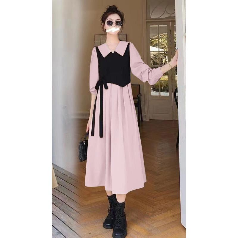 New Spring Autumn French Retro Hepburn Style Lapel Patchwork Long Sleeved Fake Two-piece Dress for Women