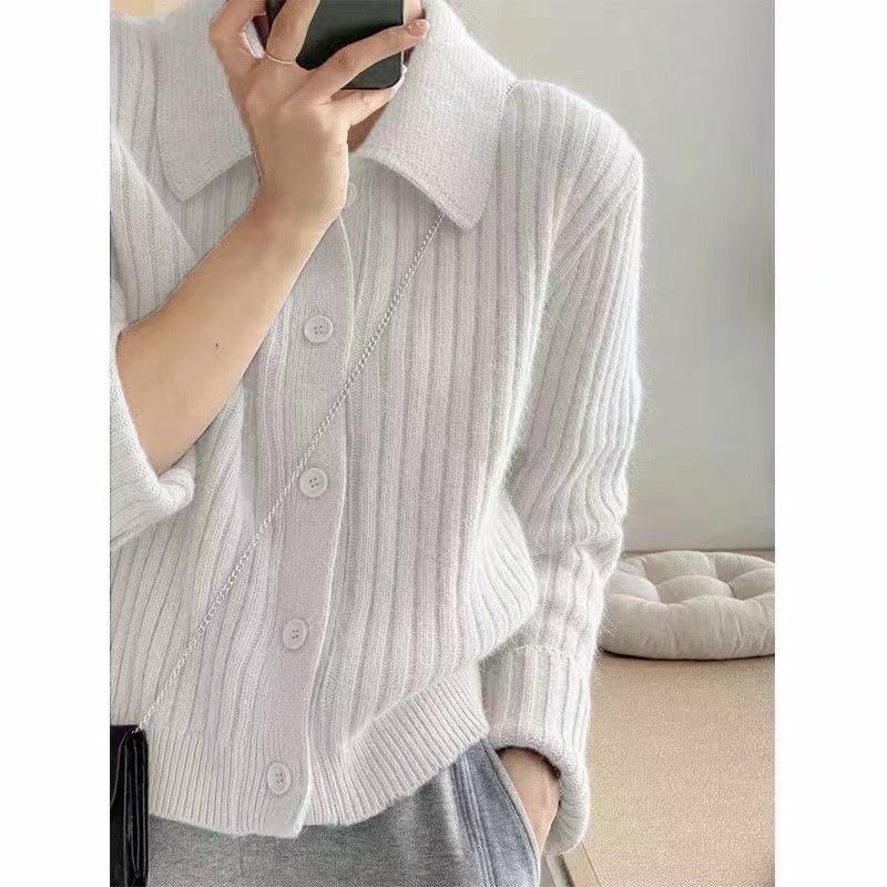 Autumn Women's Sweater Simple POLO Neck Knitted Cardigan Short Solid Color Top