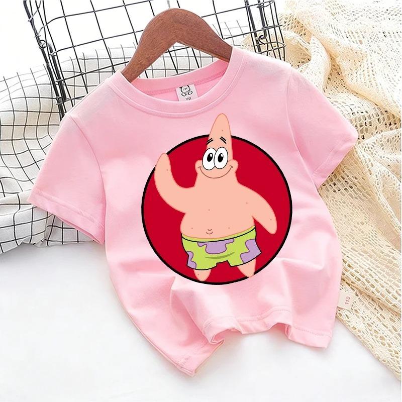 SpongeBob T-Shirt for Kids, Cartoon Design, Round Neck, for Boys and Girls, Cotton, Casual Streetwear, Short Sleeve, Kids' Tops