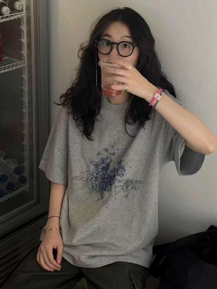 

Pure Cotton Gray Splatter Print Retro T-Shirt - Versatile Loose Summer Top 3XL