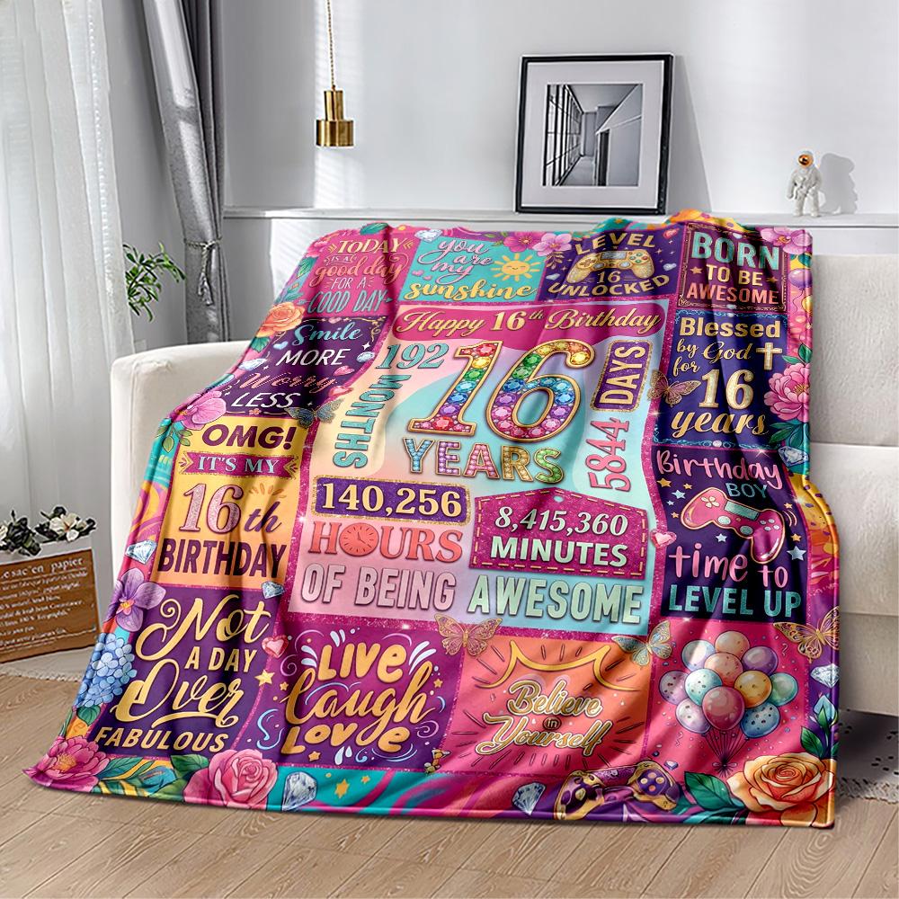 Happy 16th Birthday Celebration Flannel Blanket-Soft and Suitable for Sofas,Beds,Offices,Travel,All Seasons,Great Gift for Holidays and Birthdays.