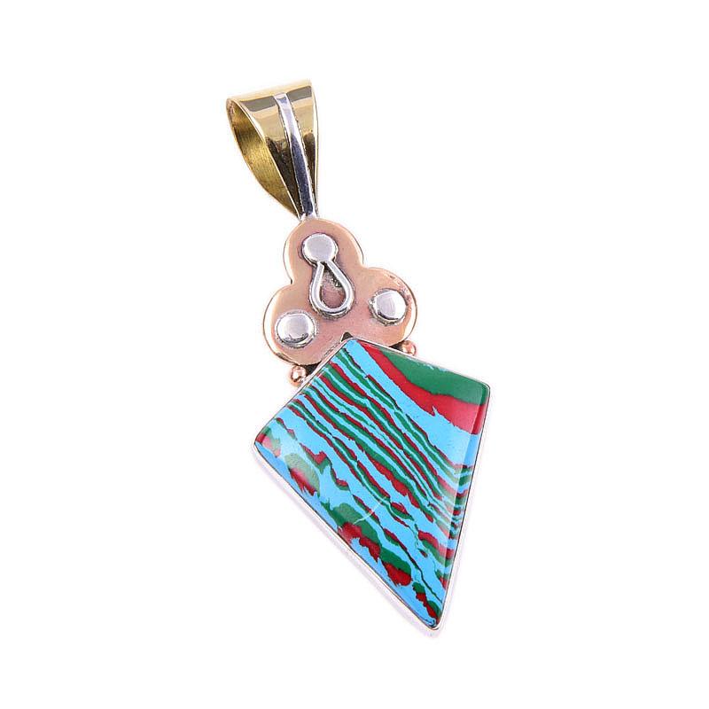 Natural Rainbow Calsilica Gemstone 925 Solid Silver Two Tone Pendant 1.75" U9I00