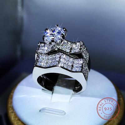 Sterling Silver Classic Fashion Six-Claw White Zircon Ring Set Ring Jewelry Gift Ladies Birthday Party