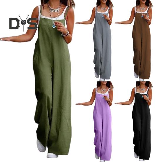 Damen-Jumpsuit, kragenlos, Spaghettiträger, rückenfrei, ärmellos, locker, weites Bein, volle Länge, Overall, lässiges Alltagsoutfit