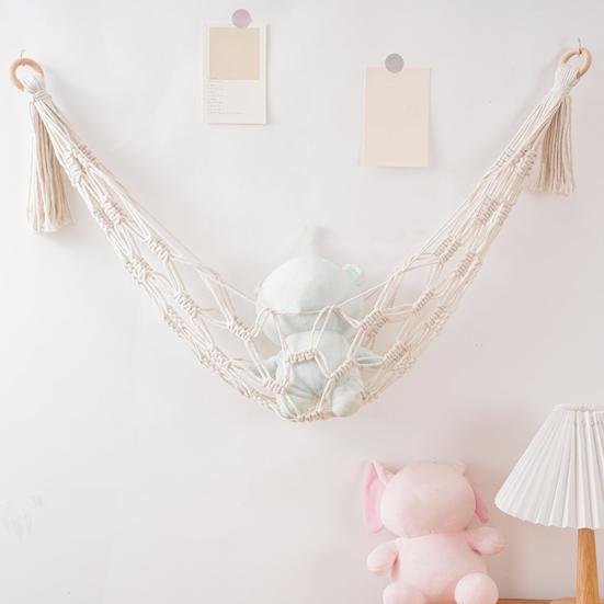 Woven Cotton Toy Net, Boho Wall Hanging Organizer, Handmade Storage Hammock for Stuffed Animals, Kids Room Nursery Decor