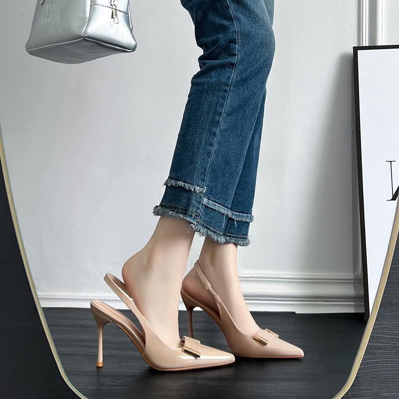 

Nude high heels women s thin heels New summer patent leather pointed temperament socialite French niche single shoes women 40