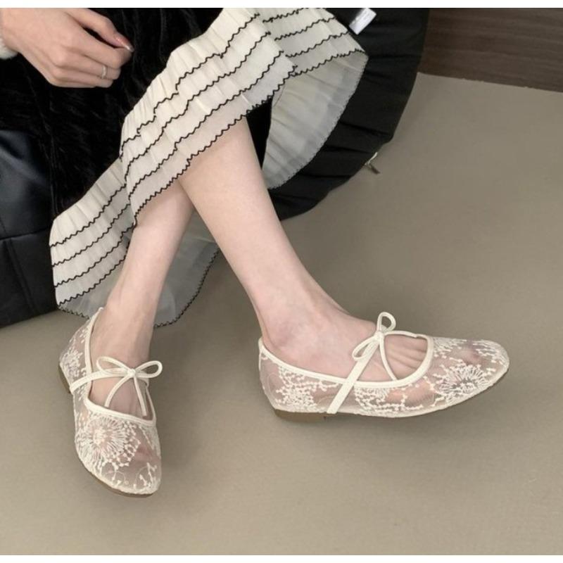 

Fashion 2025 Spring Lace Women Mary Jane Shoes Fashion Slip on Comfort Street Style Soft Sole Female Dress Flats Shoes 35 бежевый