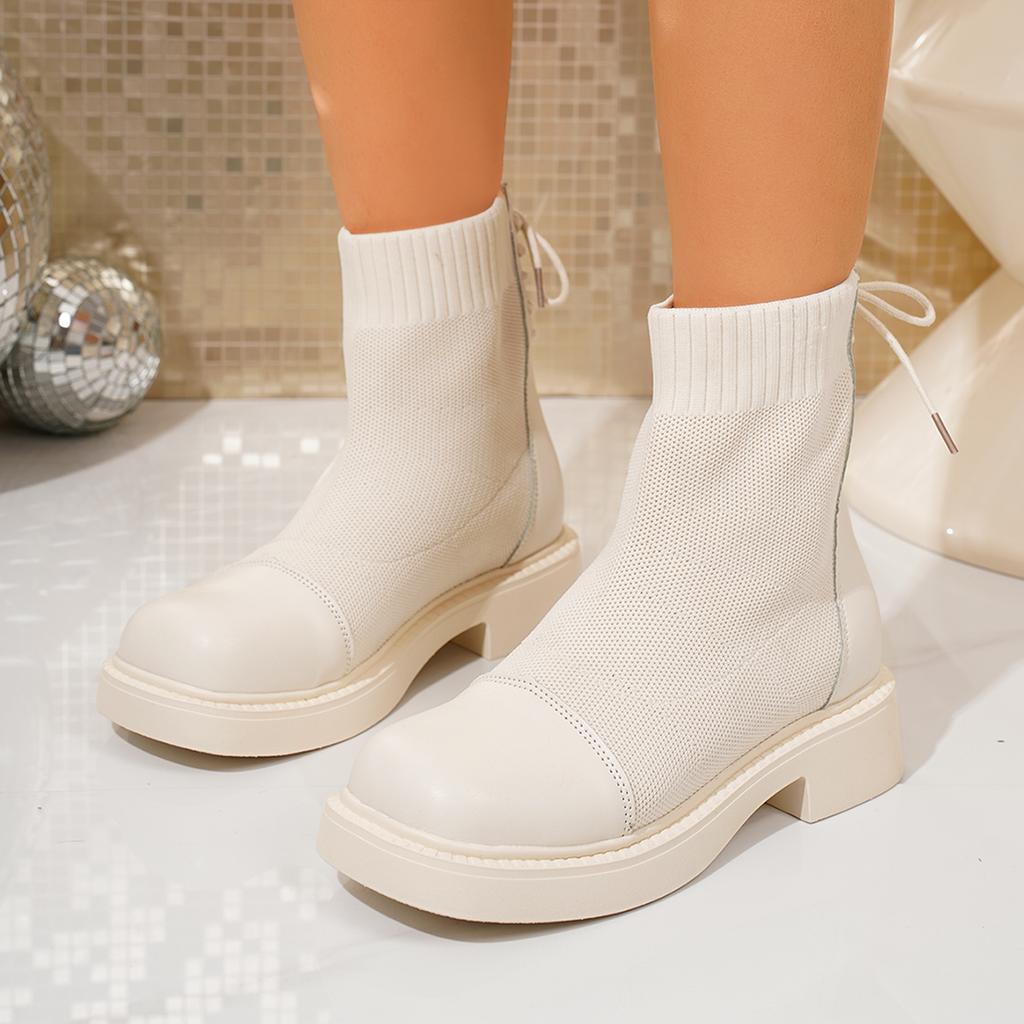 Fashion Aphixta Breathable Round Toe Woman Ankle Boots Shoes Autumn Winter Stretch Fabric Modern Boot Back Lace Up Ladies Shoes