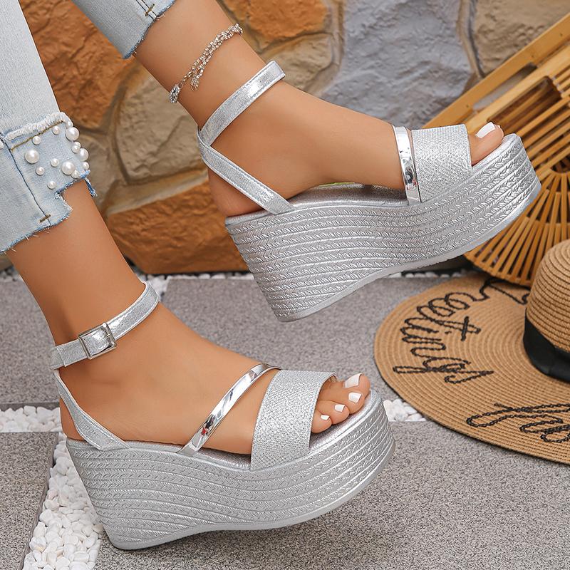 Women's Fashion Silver Platform Sandals 2025 Summer Thick Bottom Wedge Sandals for Woman Ankle Strap High Heel Sandalias Mujer