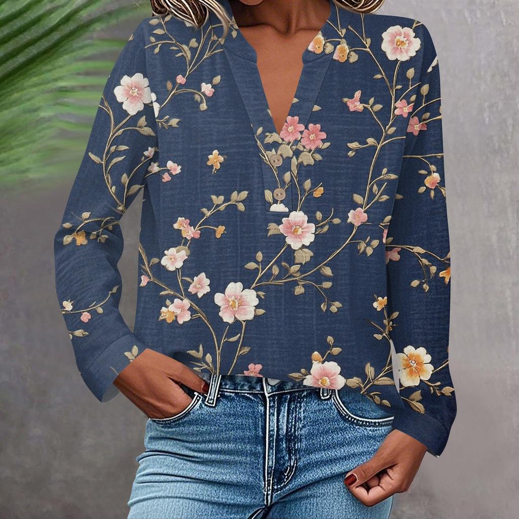 Women's Fashionable And Casual Shirt Long Sleeve V-neck Button Printed Blouse Top