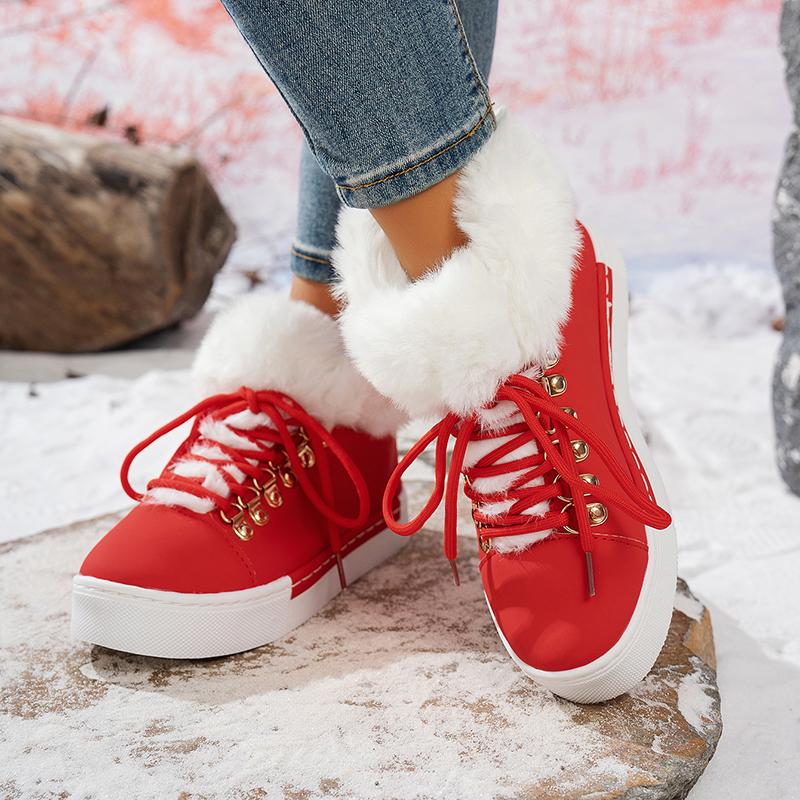Women's Boots Christmas Fashion Lace Up Fuzzy Detail Lined Ankle Boots Casual Daily Round Toe Flat Boots