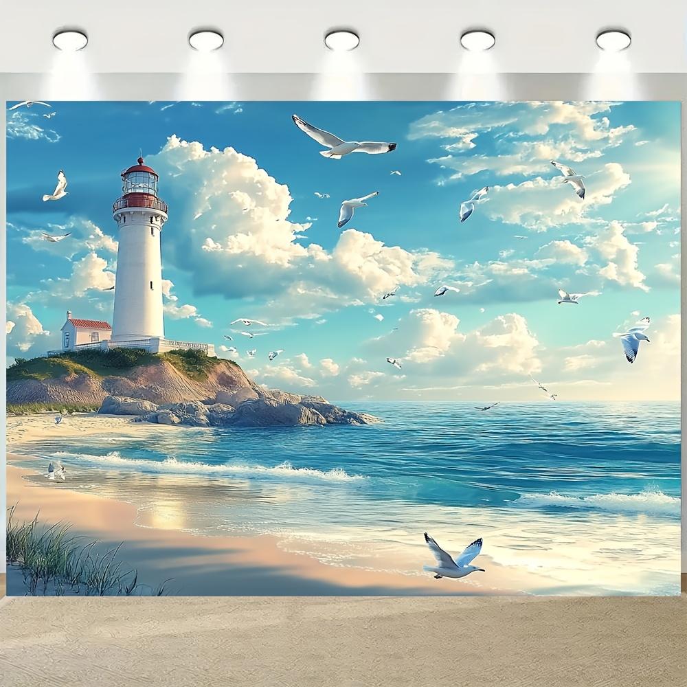 Coastal style lighthouse beach scene background, universal holiday and party photography props