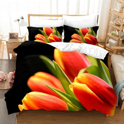 Ensemble de literie tulipes roses Élégant paysage floral Housse de couette 3D Taies d'oreiller Linge de lit Taille Twin Queen King Simple Ensemble Housse de couette