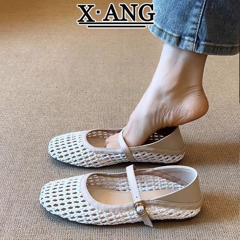 Sheepskin hand-woven Mary Jane shoes summer shallow mouth flat bottom single shoes hollow breathable hole shoes sandals women