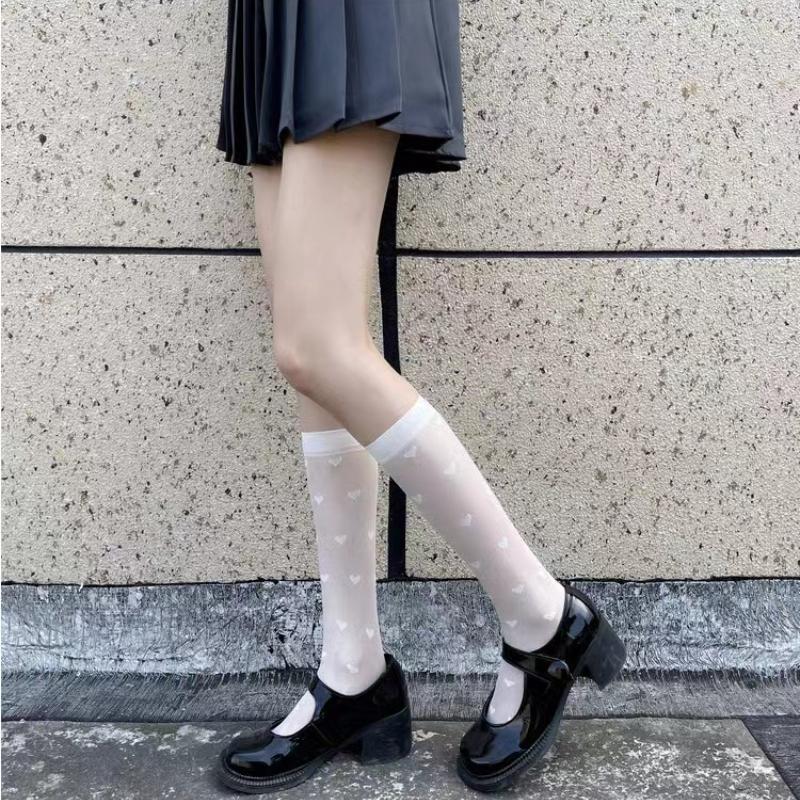 Koreanischer Lolita-Stil JK-Frauen, weiße und schwarze Schulstrümpfe, Mädchen, Herzdruck, japanische Kawaii, süße transparente kniehohe lange Socken