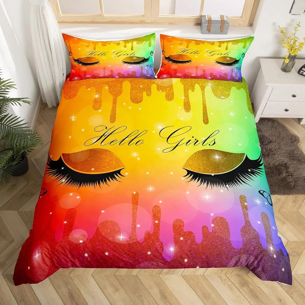 Women Eyelash King Queen Duvet Cover Glitter Galaxy Bedding Set Pink Sequin Ink Fluid Art Quilt Cover Polyester Comforter Cover