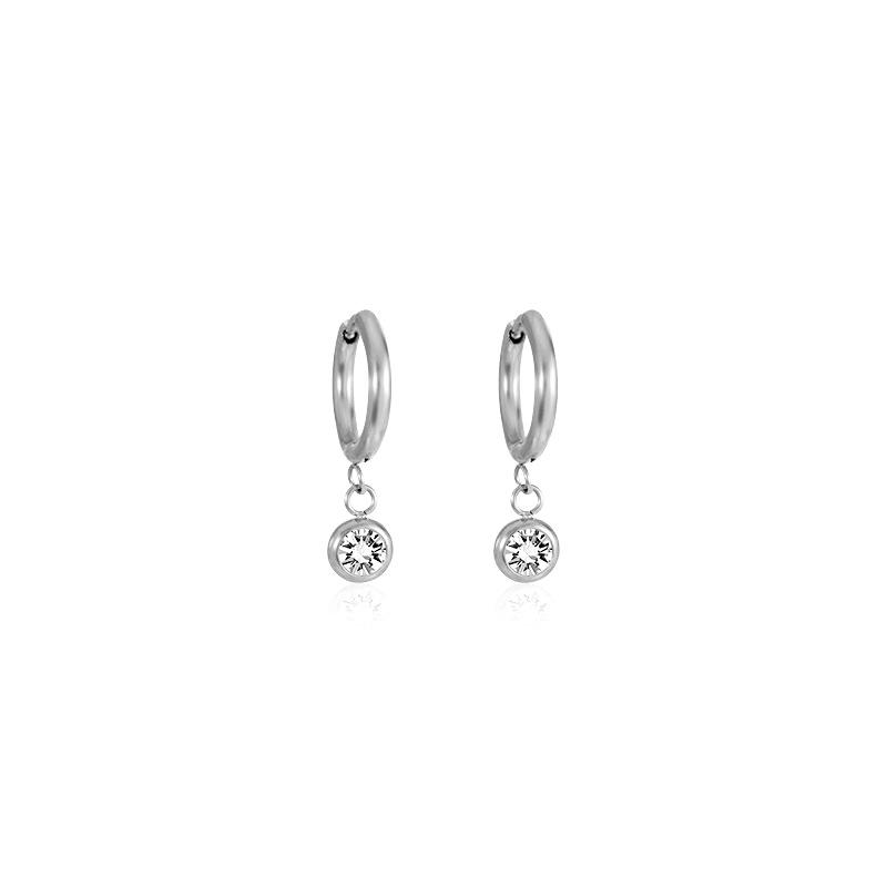 New Stylish European  American Round Earrings: Simple, Fashionable Stainless Steel with White Zirconia Diamonds