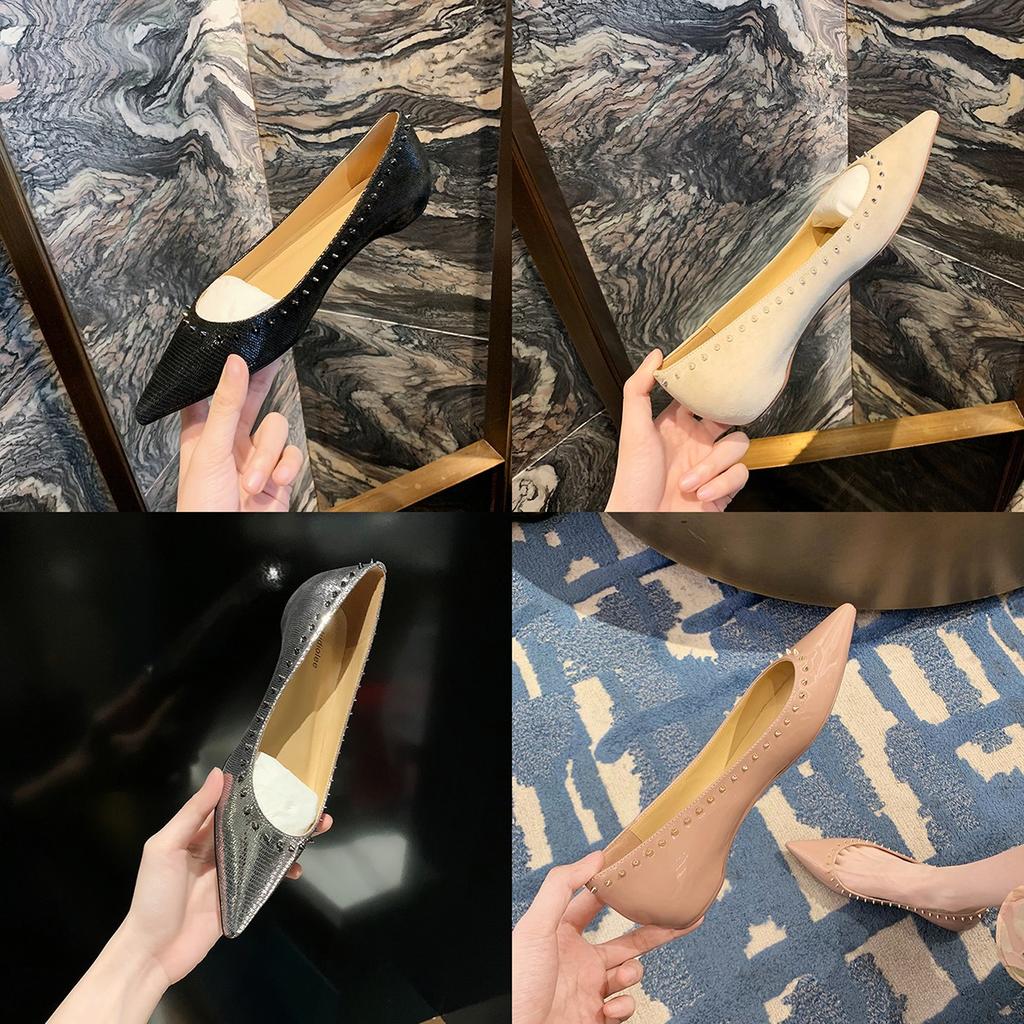 Grape mother of the same style, shallow mouth pointed leather solid color versatile small rivet buckle flat-soled single shoes women's spring and summ