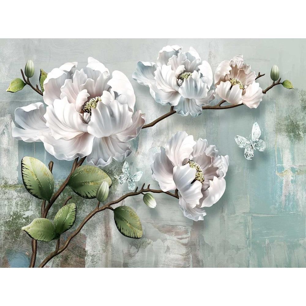 3D White Magnolia Butterfly Wall Mural Vintage Floral Wallpaper Bedroom Wall Decor