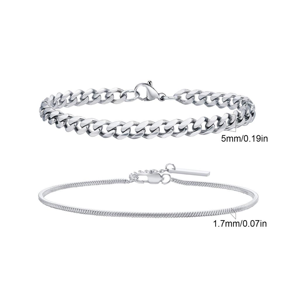 Hiphop 2pcs Stacked Chan Bracelets for Men Boys,Stainless Steel Cuban Chain Wristband,18/21/23CM