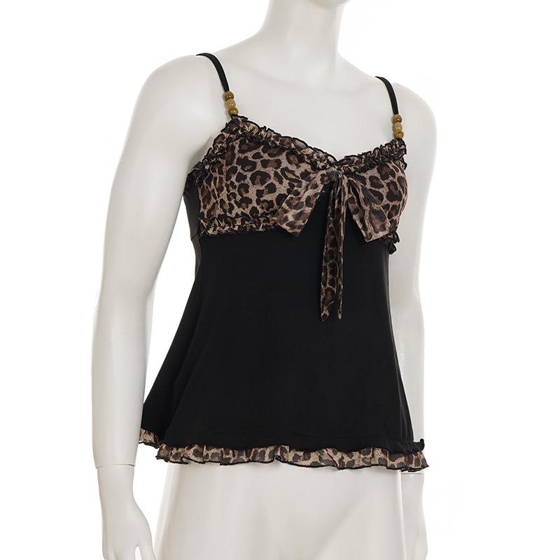 European & American Sexy Leopard Print Color Block A-Line Lace Tie-Up Camisole