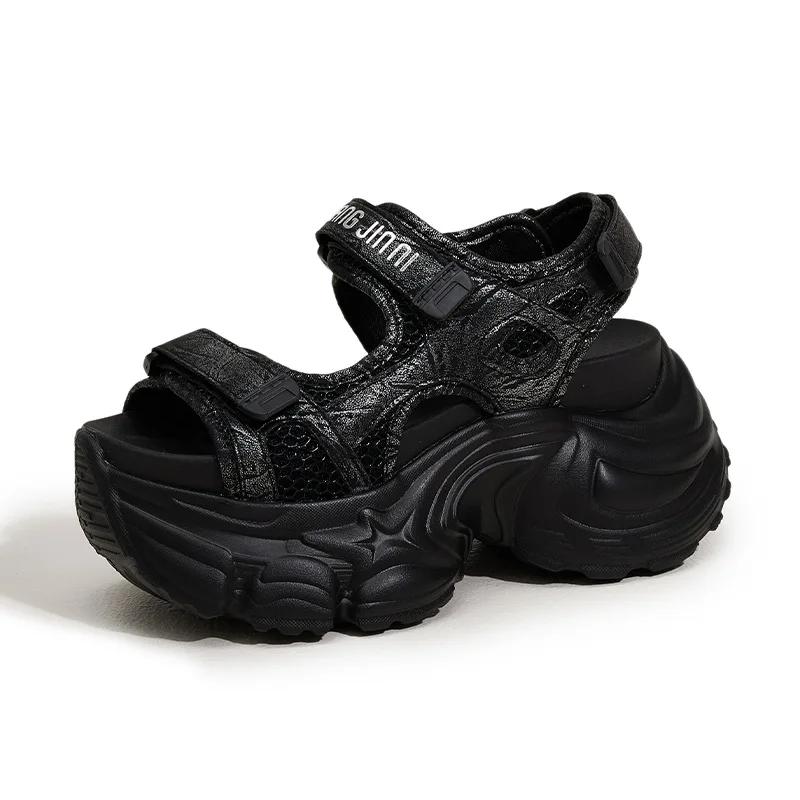 Fashion 9CM Summer Synthetic Microfiber Leather Hollow Vulcanize Peep Toe Hook Platform Wedge Women Sandals Flats Chunky Sneakers Shoes