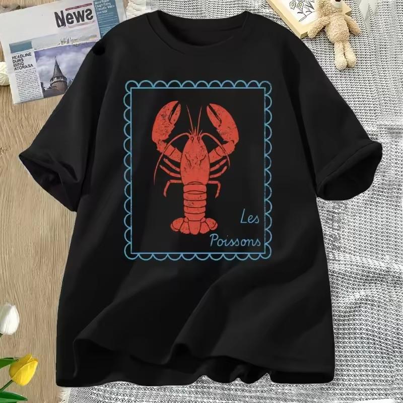 

Футболка с лобстером Французская прибрежная футболка Мужская Женская Летняя Хлопковая Футболка с коротким рукавом Оверсайз Круглый вырез Футболка Оверсайз XL чёрный