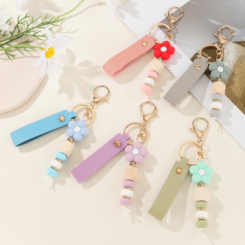 Custom Silicone Flower Beads Keychain Soft PU Leather Anti-Scratch Bag Pendant Lovely Gift for Women Valentine's Day
