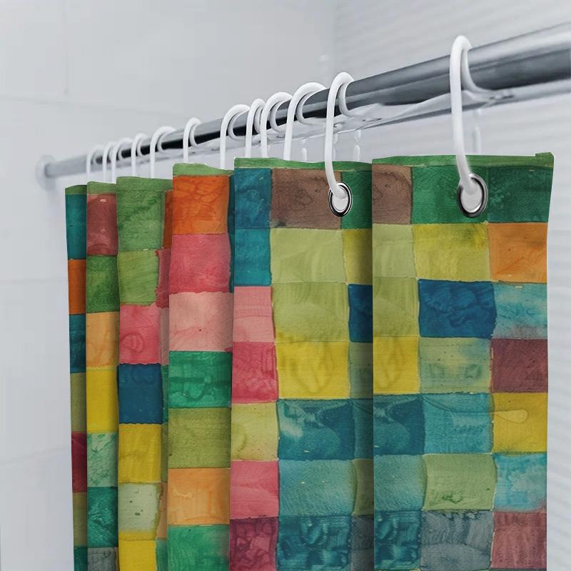 Green Colored Patchwork Shower Curtain For Bathroom Decorations Waterproof Fabric Bath Mat Sets
