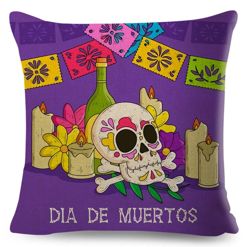 Day Of The Dead Pillowcase Decor Cartoon Mexico Flower Skull Print Cushion Cover for Sofa Home Polyester Pillow Case 45x45cm