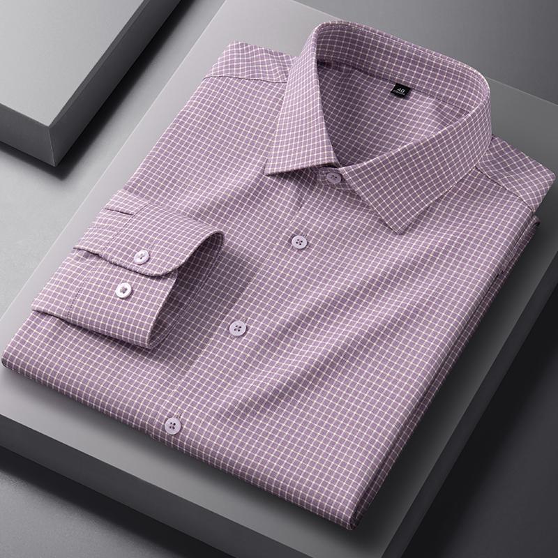 New in Shirt Luxury Houndstooth Long Sleeve Shirts for Men Slim Fit Casual Elastic Tops Soft Anti-Wrinkle Plaid Clothes
