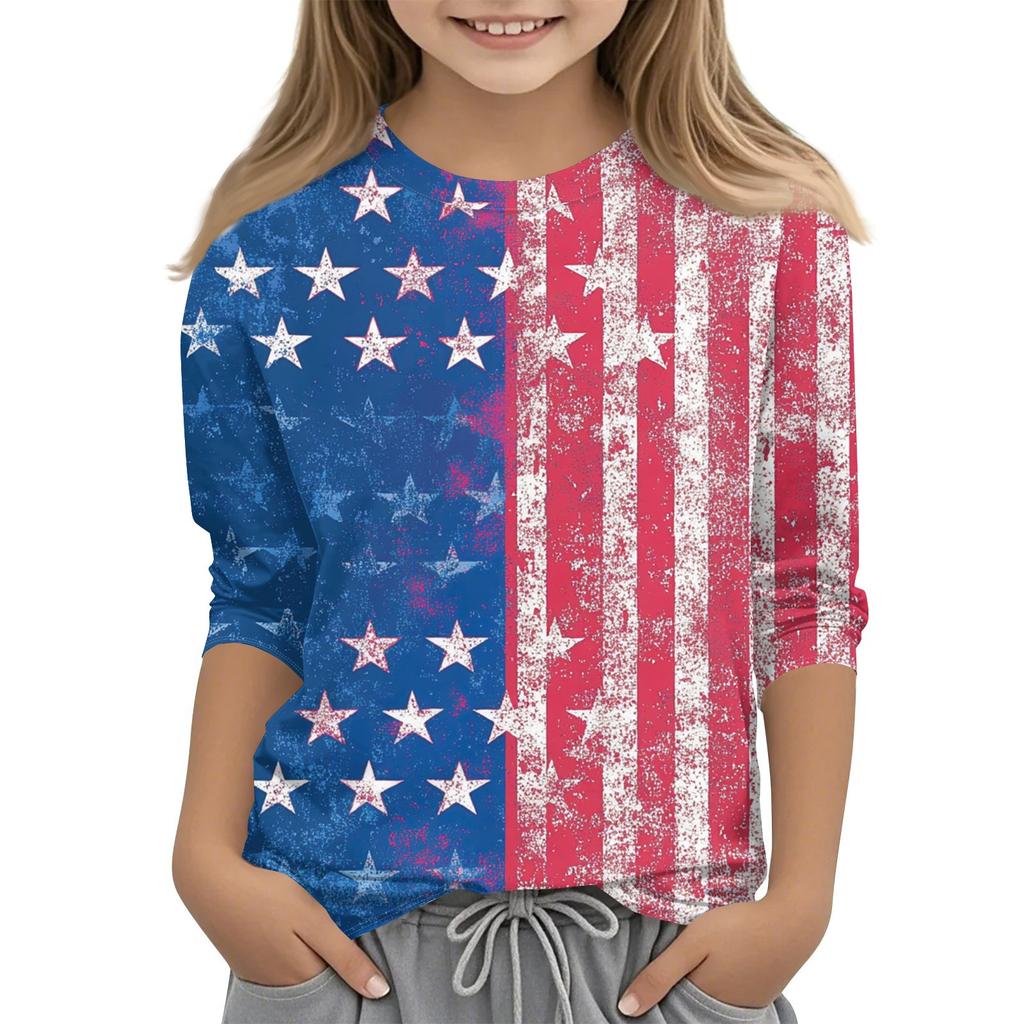 Barne 7/8-ermet trykket Independence Day crew-neck avslappet t-skjorte