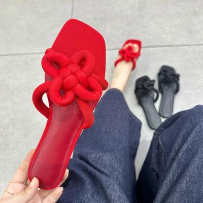 2025 Women's Genuine Leather Red Chinese Knot Flat Sandals - Square Toe, One-Strap Casual Outdoor Wear
