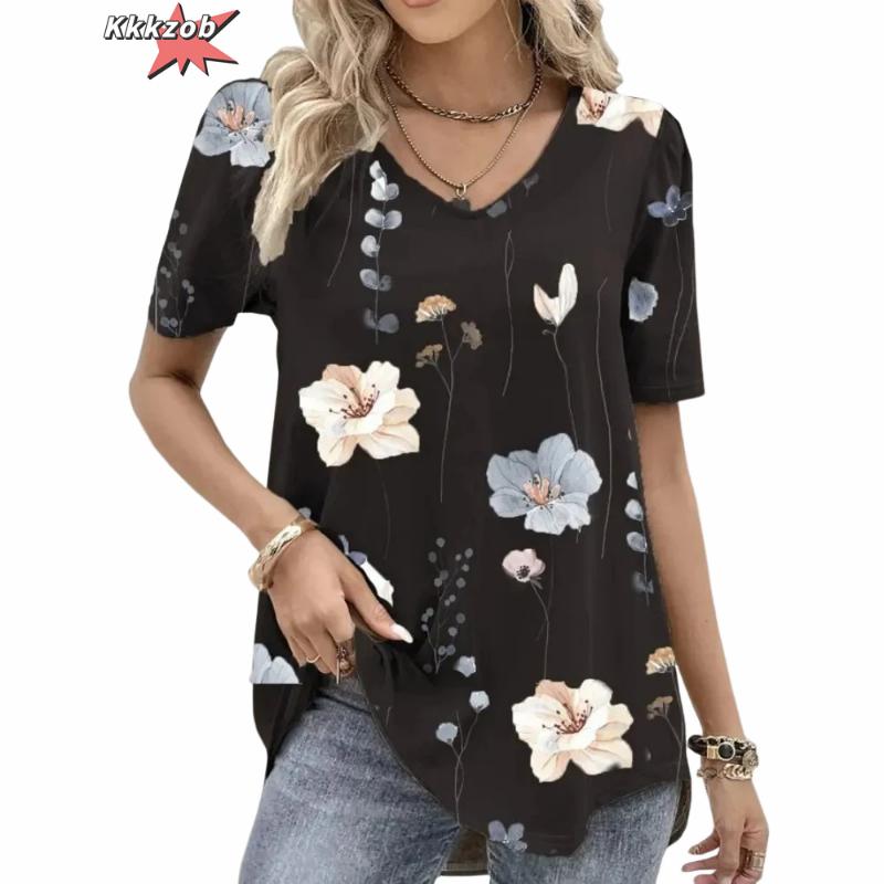 

Женская футболка с абстрактным цветочным рисунком, летняя повседневная свободная футболка с графическим принтом и V-образным вырезом, базовый топ, модная одежда больших размеров с 3D-принтом 5XL