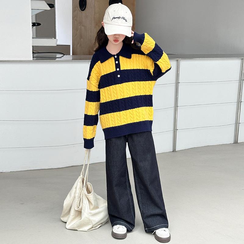 2025 Girls' Korean Style Autumn Casual Set: Fashionable Sweater and Jeans for Spring and Fall