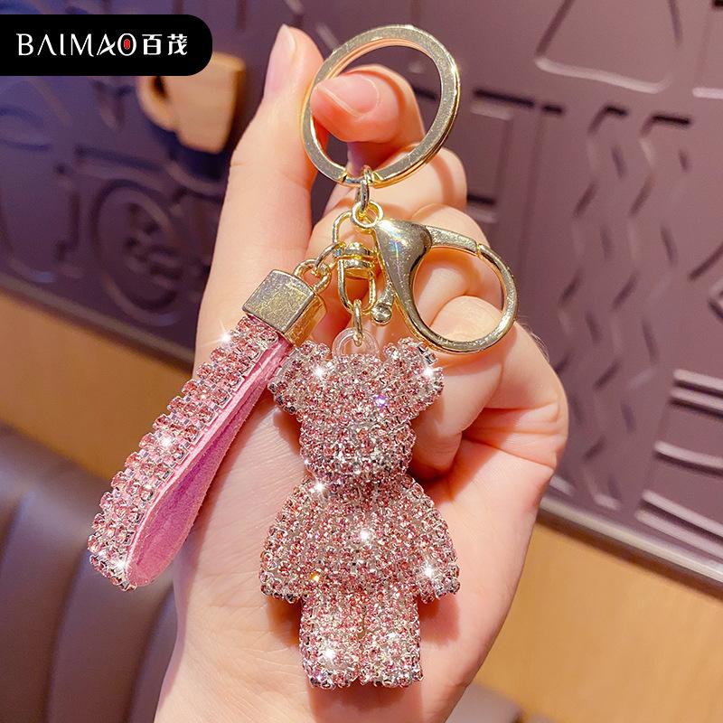 Cute Rhinestones Tassel Bear Keychain Couple Keychain Girl Decoration Small Pendant Car Key Ring Student Bag Pendant