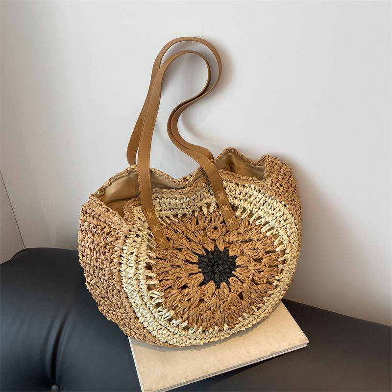 

Round Casual Tote Bag With Zipper Closure Vacation Bag Trendy Large Woven Beach Bag Holiday Travel Handbag For Women And Girls Quality