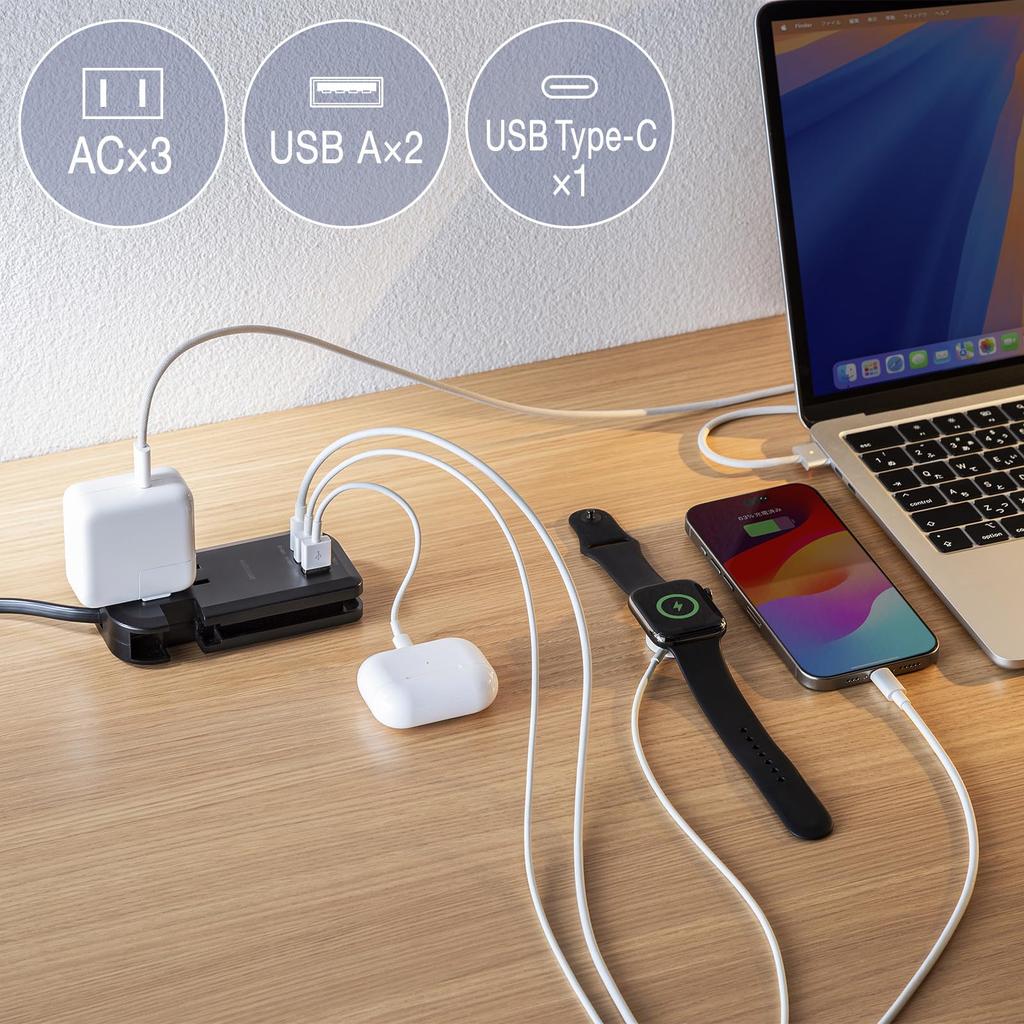 Sanwa Supply PD33W Power Strip with Cord Retractor AC Outlets 1 2 (3 + Type-C + USB-A), Mobile, Compact, Black, TAP-MCU3BK