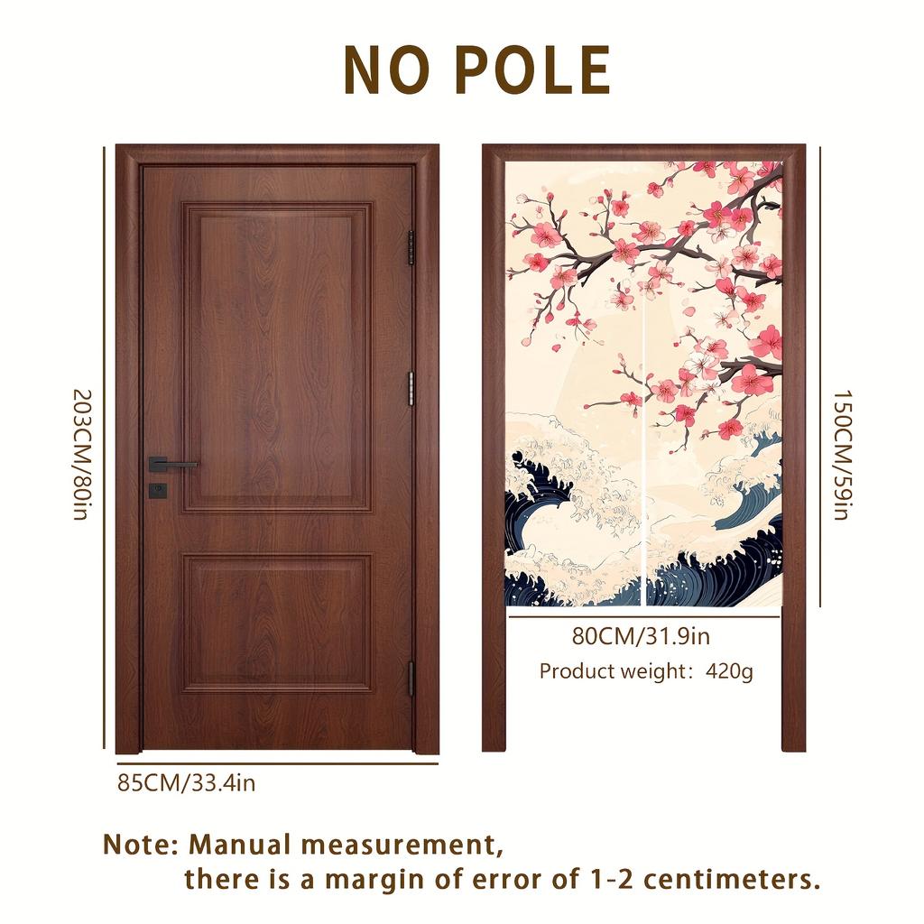 1pc 2D FLAT, Door Curtain 31.5*59inch, Cherry Blossom and Waves Design, Traditional Japanese Art, Decorative Door Curtain, Bedro