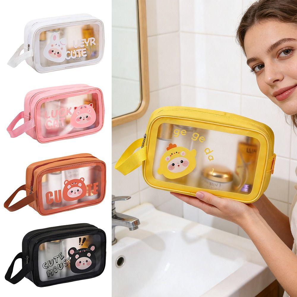 Portable PU Makeup Bag Transparent Large Capacity Travel Toiletry Pouch Cartoon Wet-Dry Separation Wash Bag for Women Girls