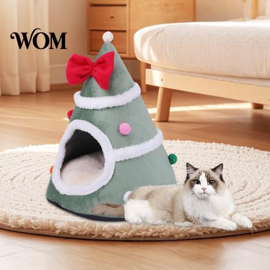 Festive Christmas Cat Furniture Tree Bed, Plush Cave Bed with Removable Cushion, Non-slip Cozy Winter Pet Bottom, House for Indoor Cats Kittens
