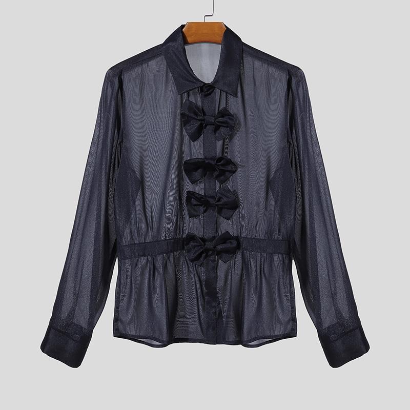 

INCERUN Men Long Sleeve Bow Knot Mesh Sheer Hollow Out Party T-shirts Tops 5XL синий