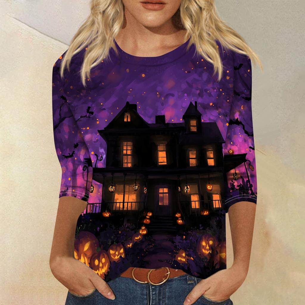 Women Casual Round Neck Halloween Print T Shirt Three Quarter Sleeve Top Lightweight Comfortable Fit Seasonal Graphic Tee
