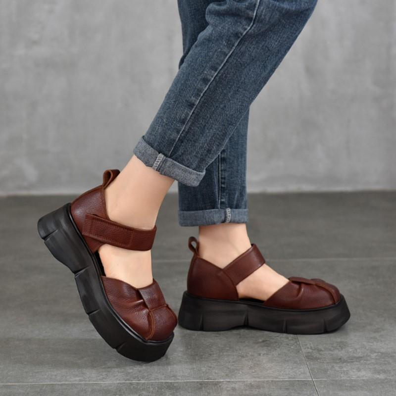 Johnature Retro Lightweight Thick Soled Sandals Genuine Leather Roman Women's Platform Shoes
